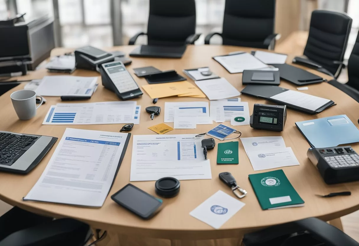 A table with various certification logos and standards documents spread out, surrounded by technical equipment and tools