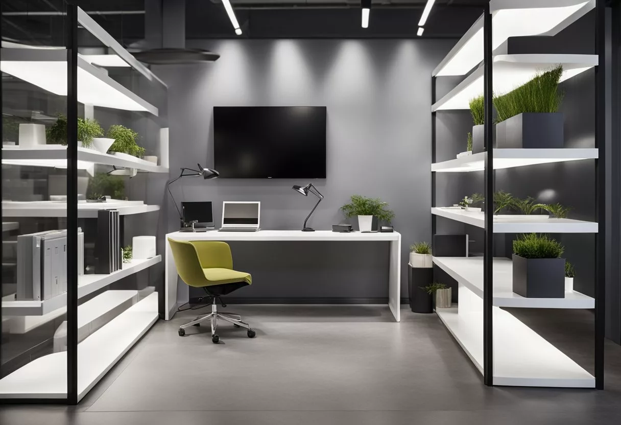 A modern office space with Neotonics branding on the walls and products displayed on sleek shelves. Bright lighting and a minimalist design convey a professional and innovative atmosphere