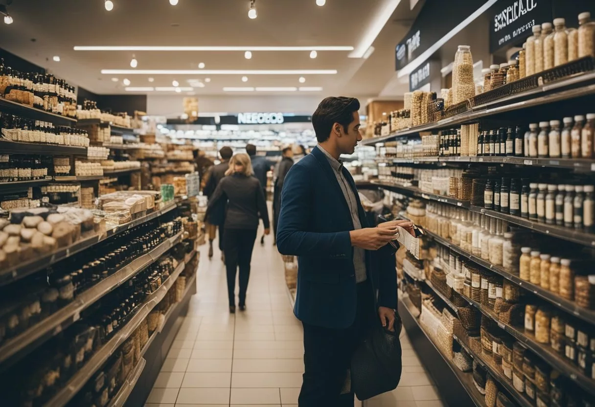 A bustling marketplace with shelves stocked with Neotonics products, customers browsing, and a salesperson assisting a customer with a purchase