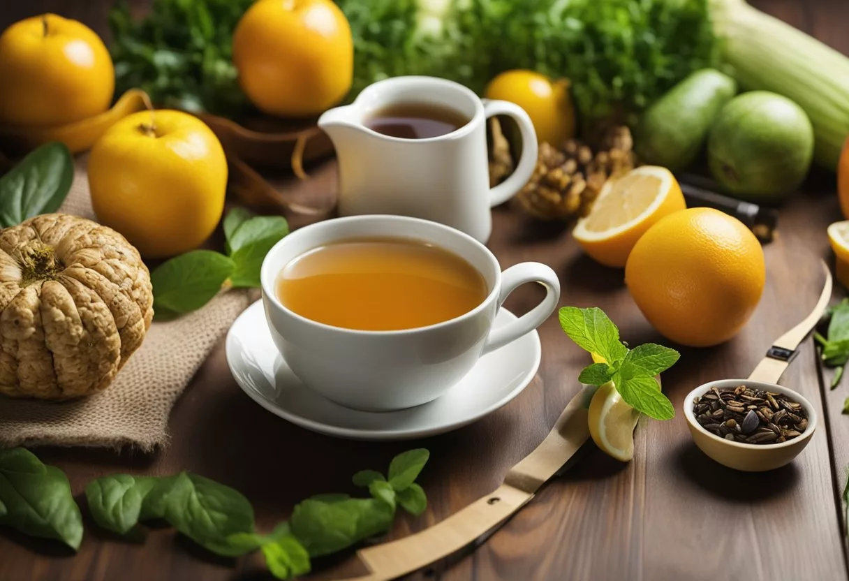 A table with a cup of tea, a tape measure, and a bottle of All Day Slimming Tea, surrounded by fresh fruits and vegetables