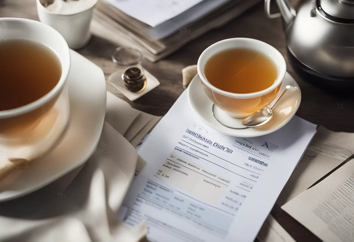 A table with various scientific research papers and charts on the effectiveness of All Day Slimming Tea. An open tea bag and a steaming cup sit next to the papers