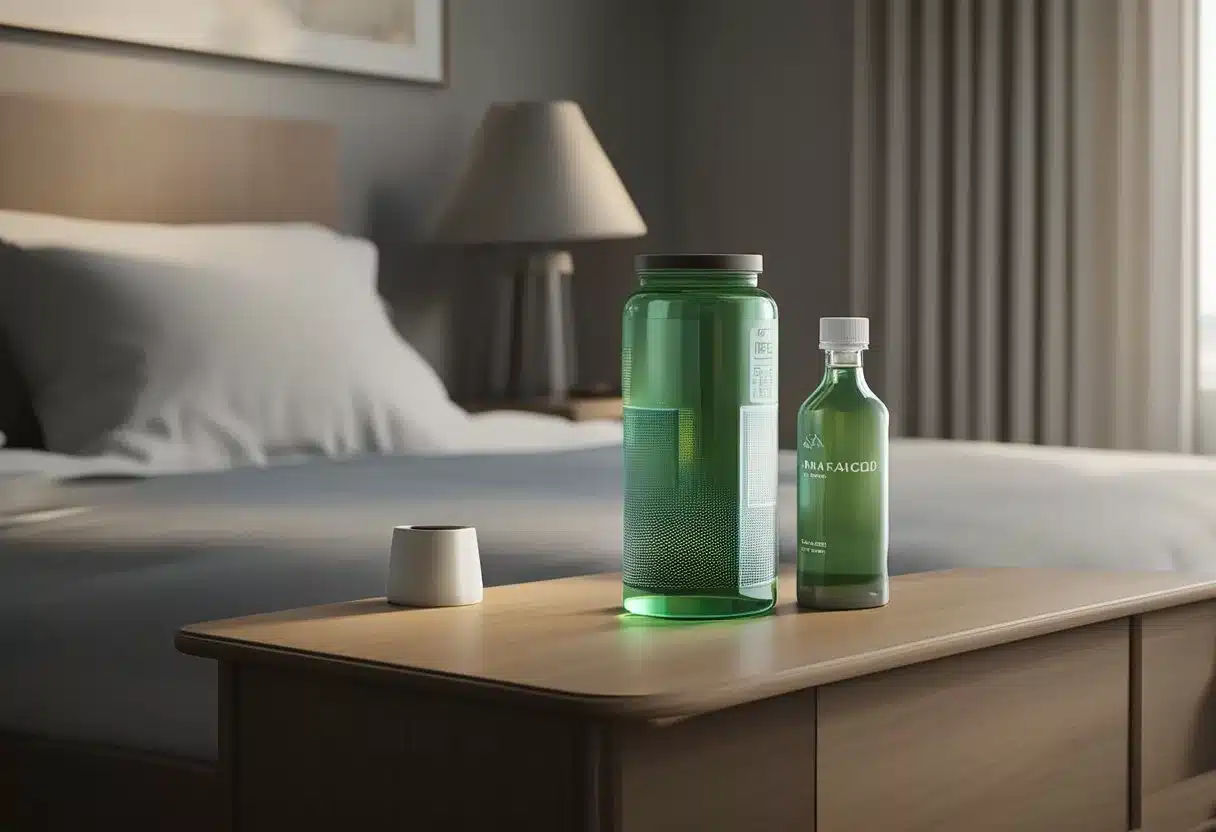 A bottle of antacid tablets next to a glass of water on a bedside table