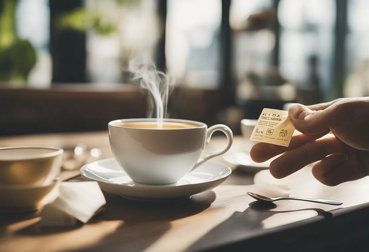 A table with a teacup, tea bag, and a price tag. A hand reaches for the tea bag. Text reads "All Day Slimming Tea Review."