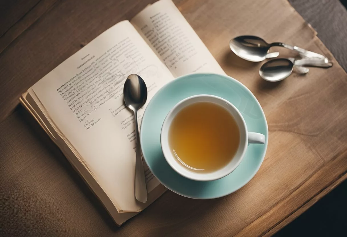 A table with a cup of slimming tea, a spoon, and an open review book with positive comments