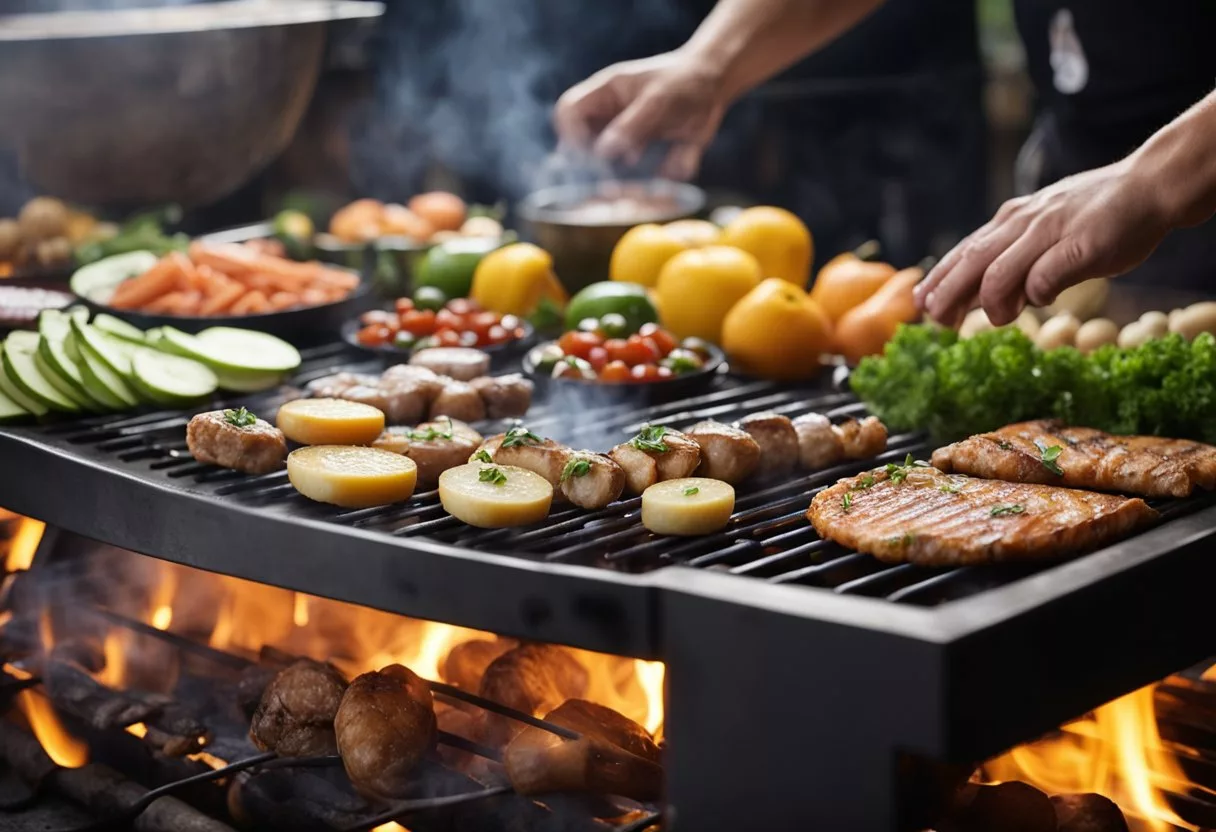 A variety of foods cooking on a hot grill, emitting steam and sizzling sounds. Fruits, vegetables, and meats are present, showcasing the formation of dietary advanced glycation end products (AGEs)
