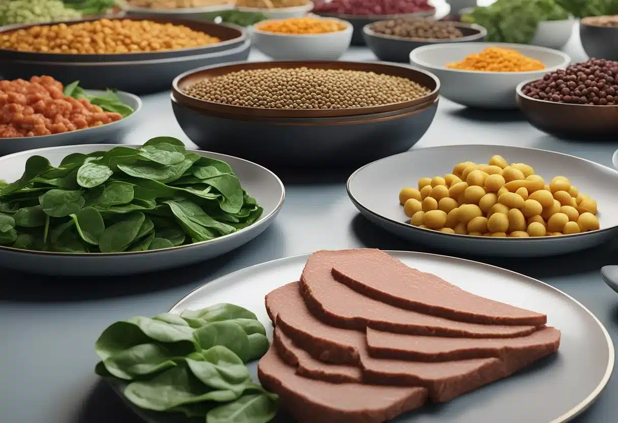 A colorful array of iron-rich foods, such as spinach, lentils, and red meat, arranged on a plate or in a grocery setting