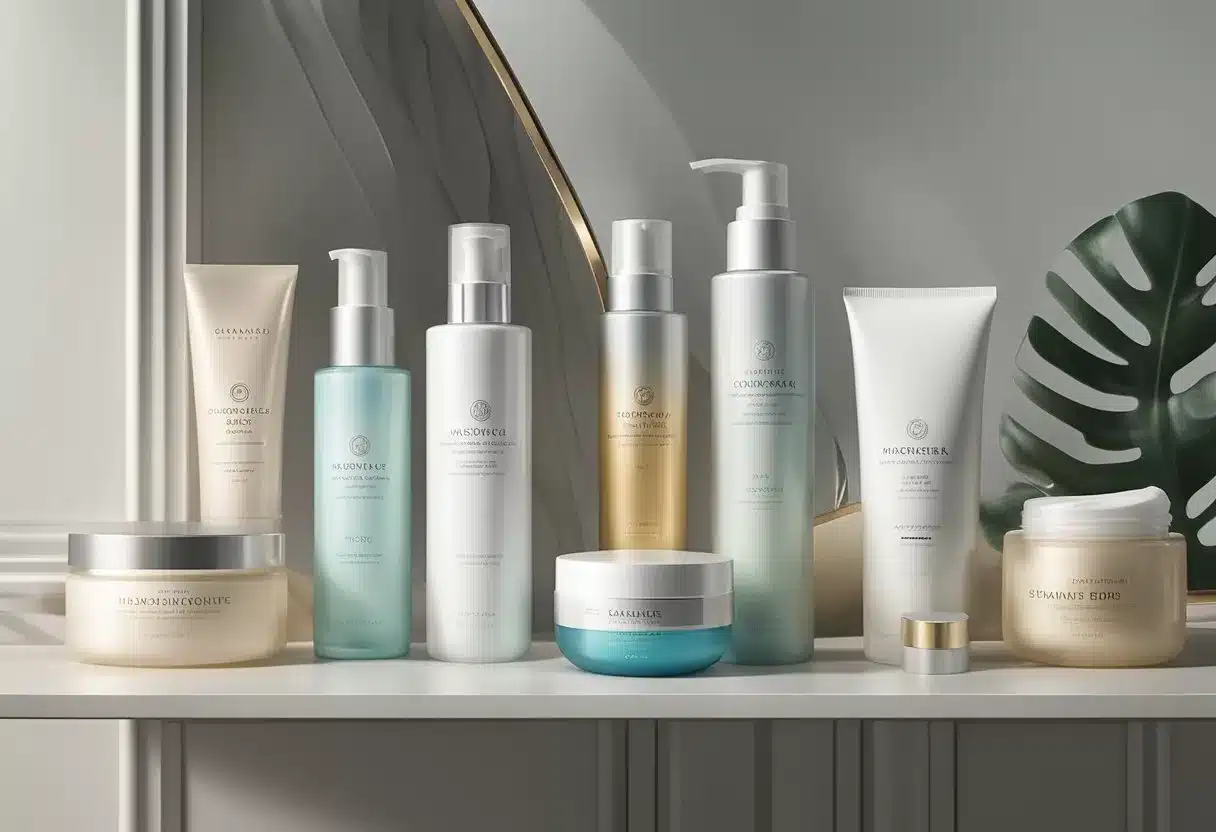 A variety of skin care products arranged neatly on a clean, organized vanity table, including cleanser, moisturizer, toner, and sunscreen