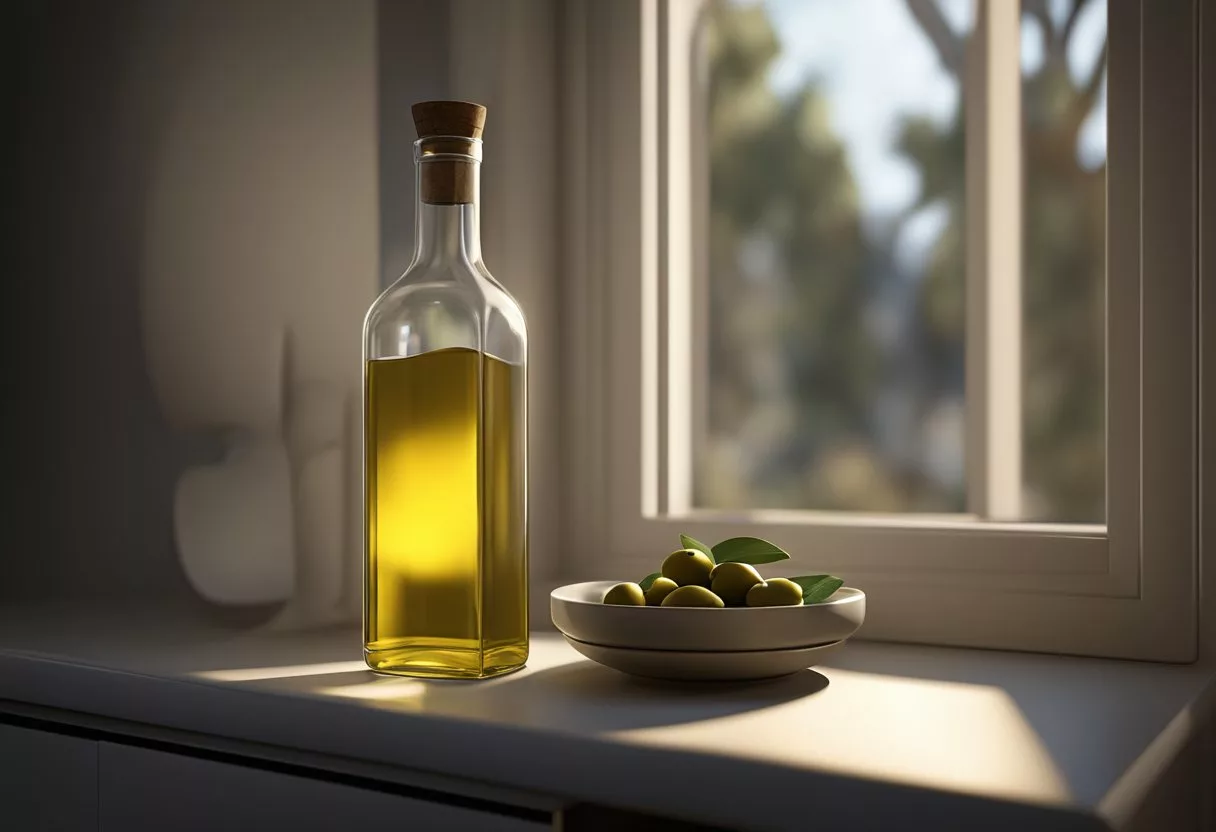 A bottle of olive oil on a nightstand, next to a glass. Moonlight filters through the window, casting a soft glow on the scene