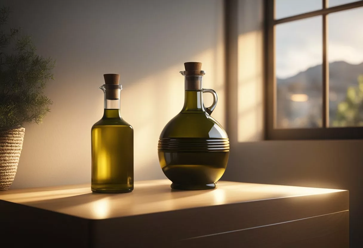 A bottle of olive oil sits on a nightstand, with a small glass next to it. The moonlight shines through the window, casting a soft glow on the scene