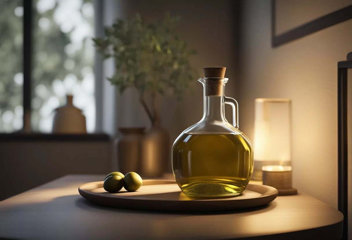 A bottle of olive oil sits on a bedside table, with a small glass next to it. The room is dimly lit, creating a cozy and peaceful atmosphere