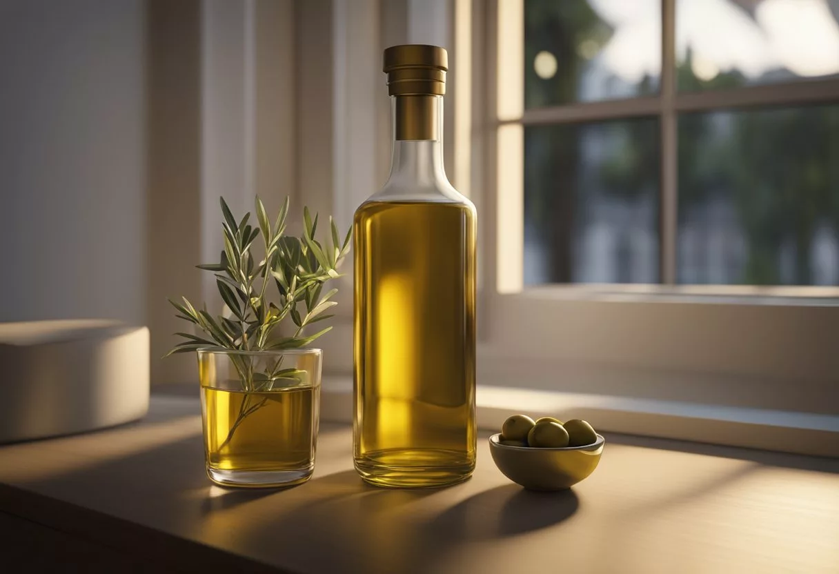 A bottle of olive oil sits on a bedside table, a small glass filled with the golden liquid. The moonlight filters through the window, casting a soft glow on the scene