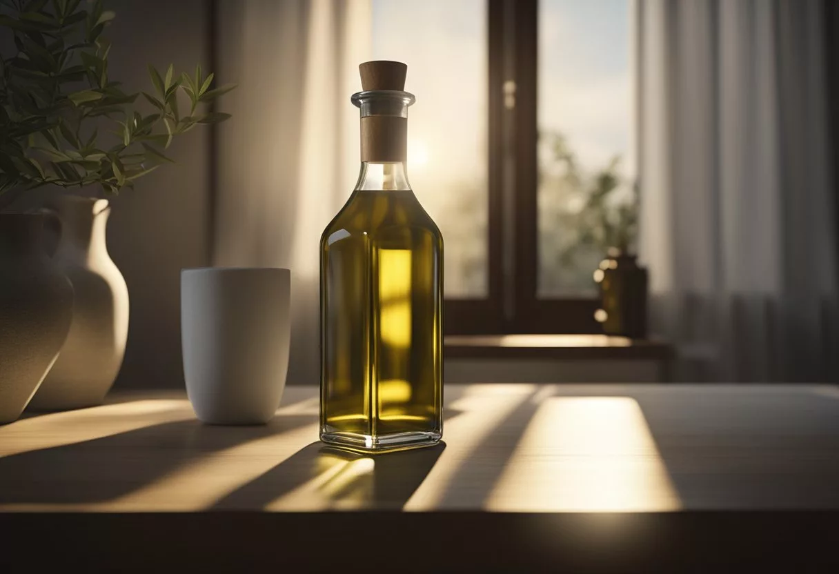 A bottle of olive oil sits on a bedside table. A glass filled with the oil is placed next to it. The moonlight streams through the window, casting a soft glow over the scene