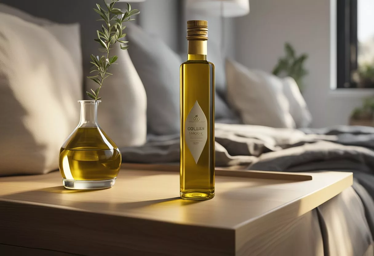 A bottle of olive oil sits on a bedside table, with a small glass filled with the golden liquid. A peaceful bedroom setting with a sense of health and wellness