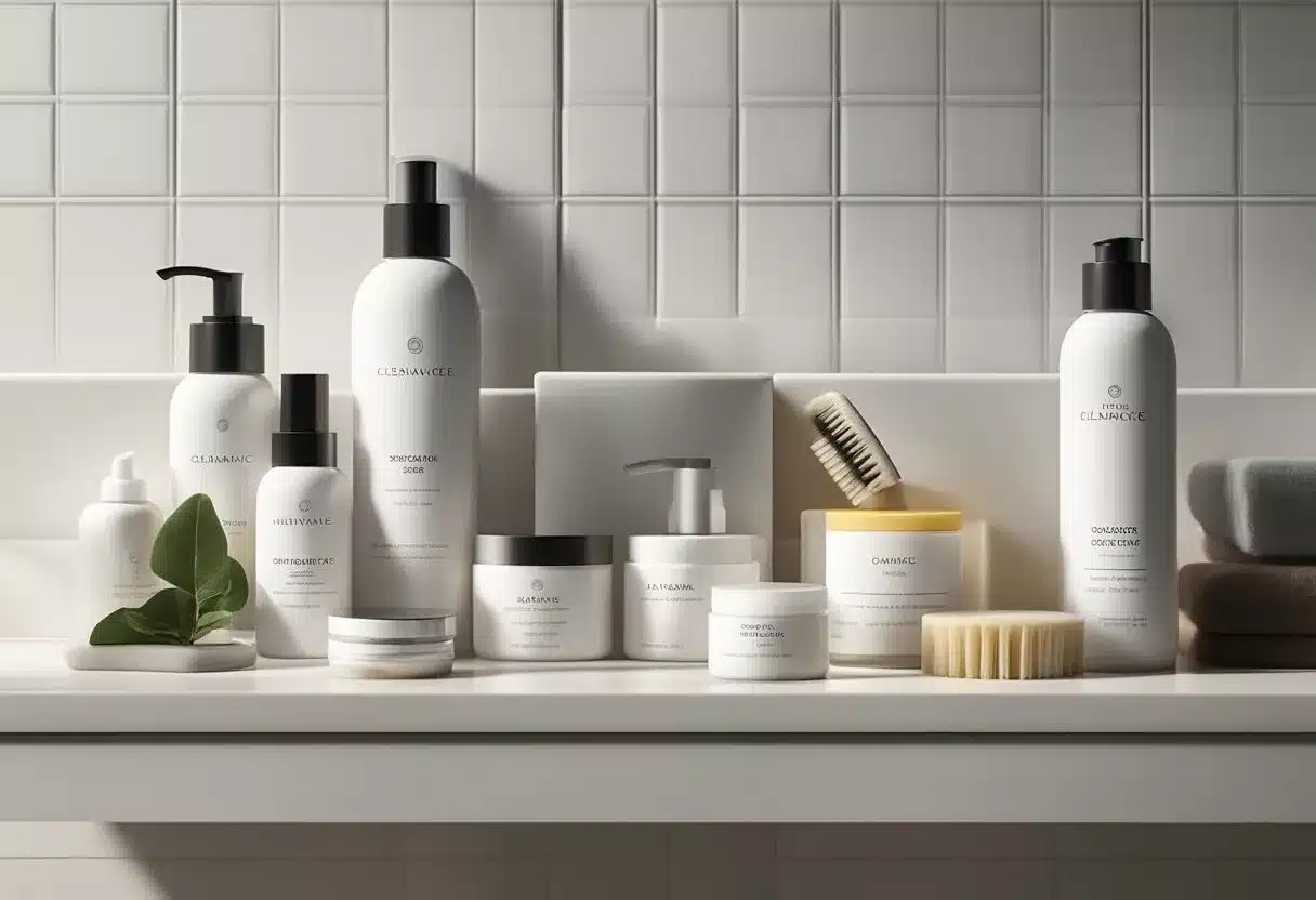 A variety of skincare products arranged neatly on a bathroom counter, including cleansers, moisturizers, and serums. A soft towel and a gentle exfoliating brush are also present, creating a serene and organized scene for a skincare routine