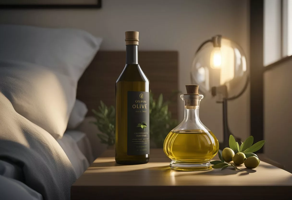 A bottle of olive oil sits on a nightstand next to a bed, with a glass of oil being poured into a person's mouth as they lay down to sleep