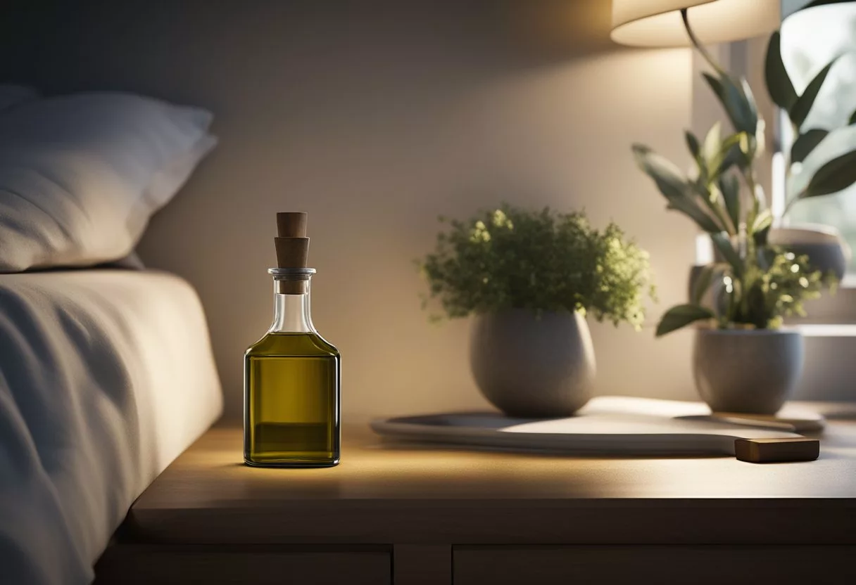 A bottle of olive oil sits on a nightstand, next to a bed. A clock shows it's bedtime. The room is dimly lit, creating a peaceful atmosphere