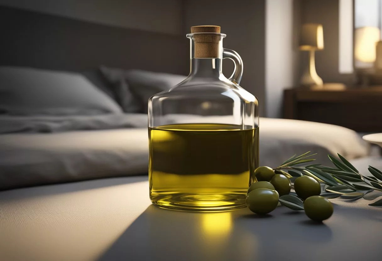 A bottle of olive oil sits on a bedside table, with a small glass next to it. The room is dimly lit, creating a sense of nighttime