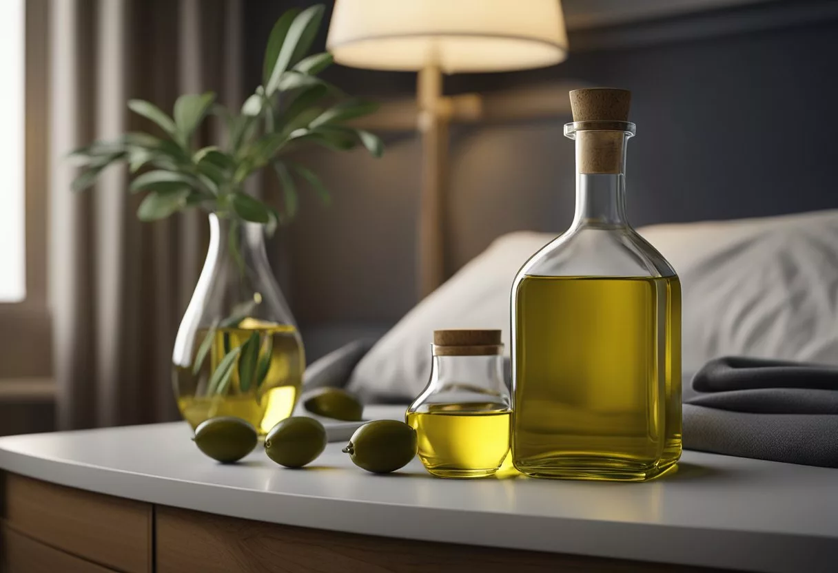 A bottle of olive oil sits on a nightstand next to a bed, with a glass of oil being poured into it before bedtime