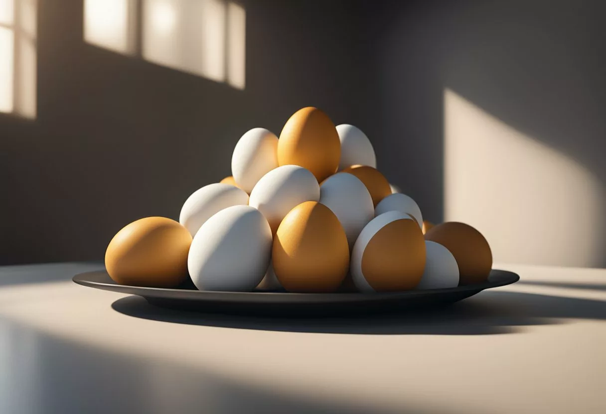 A pile of eggs stacked on a table, with a shadow looming over them, representing the potential risks and considerations of consuming eggs daily