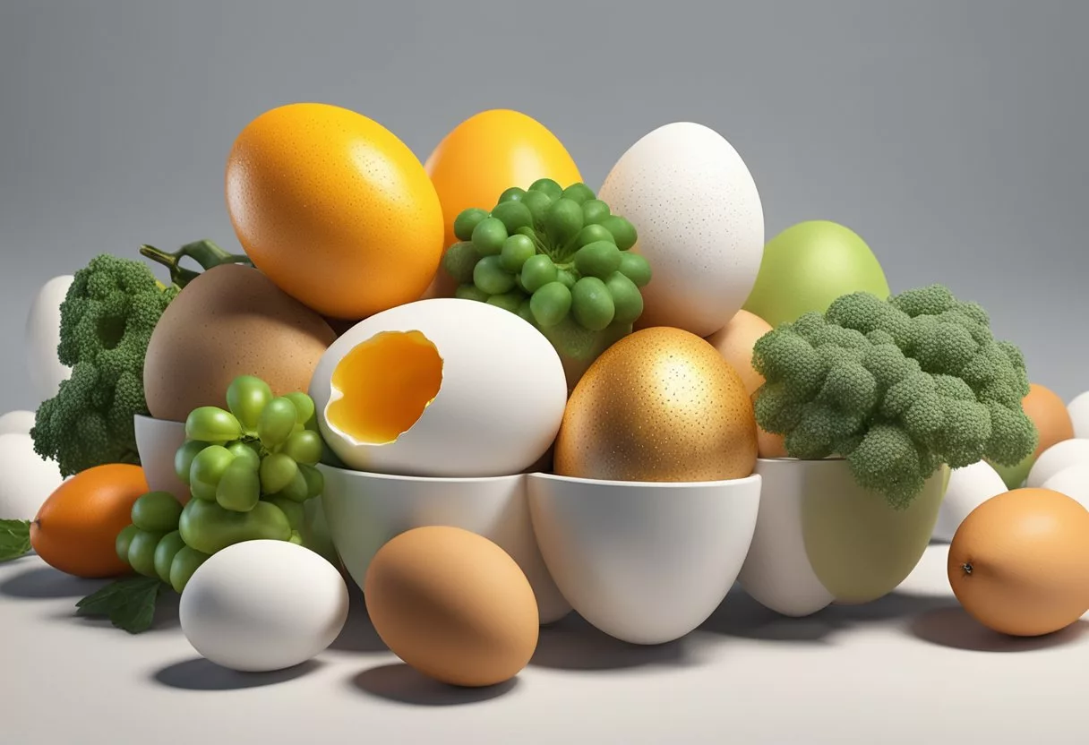 A carton of eggs surrounded by various fruits and vegetables, with a glow of health and energy emanating from them