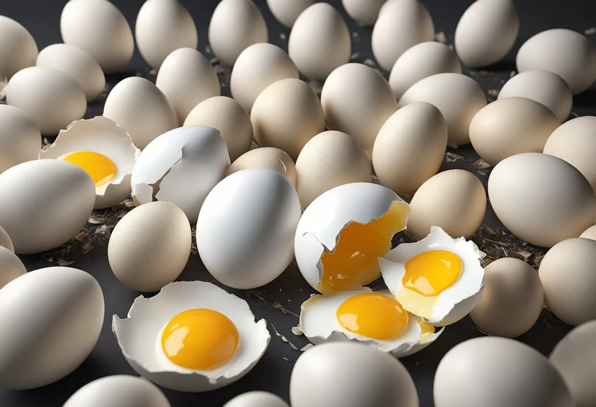 A cracked eggshell surrounded by a pile of broken eggs, with a cracked egg yolk oozing out onto a plate