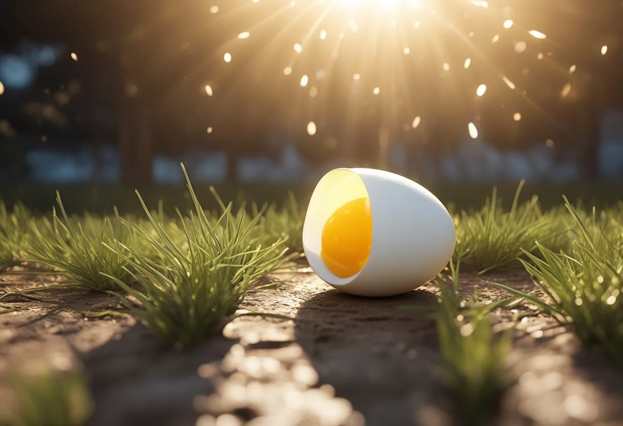 A cracked egg surrounded by a radiating glow, with beams of light shining down on it, symbolizing the potential impact on the body from consuming eggs daily