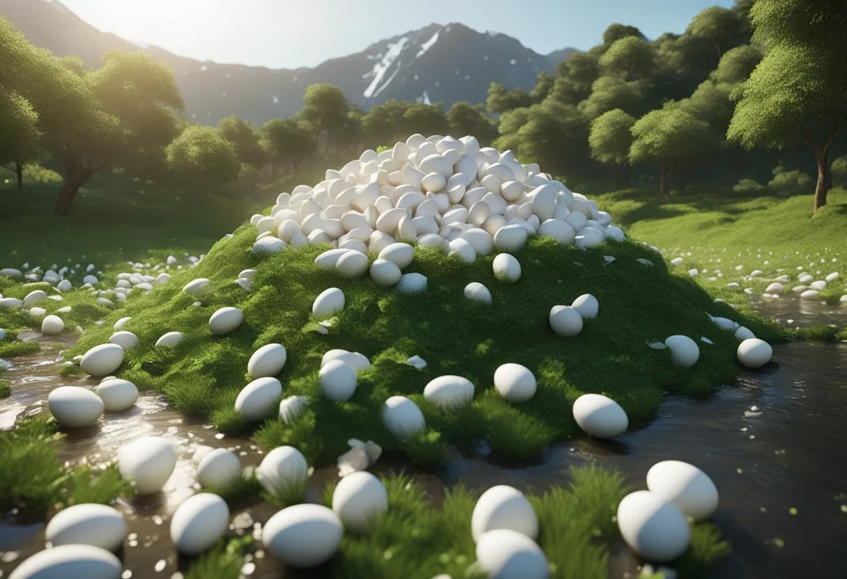 A pile of cracked eggshells surrounded by a lush, green landscape, with a clear stream running through it, symbolizing the impact of daily egg consumption on the environment and ethical concerns