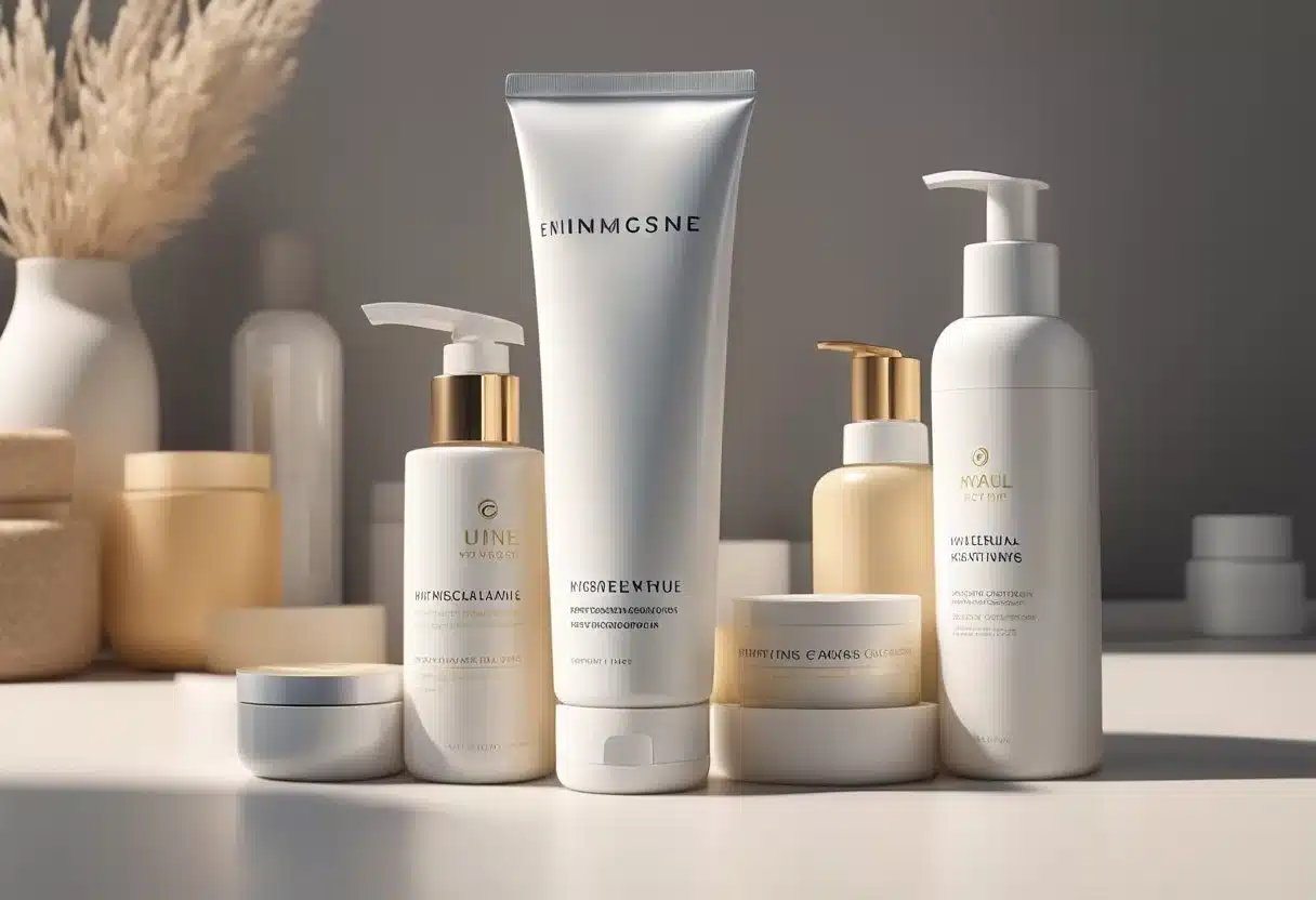 A hand holding a bottle of moisturizer, surrounded by various hydrating skincare products on a clean, organized surface