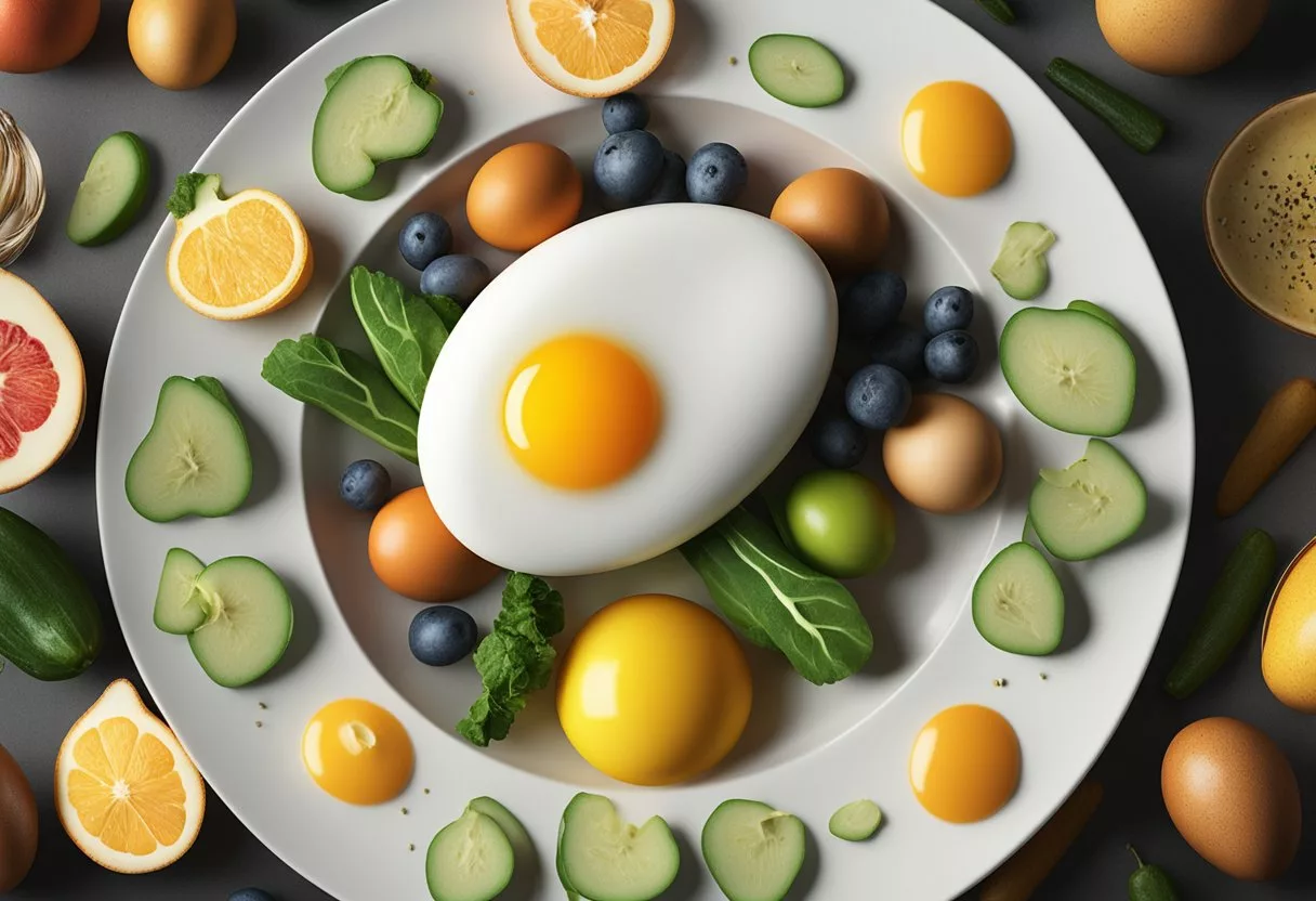 A plate of eggs surrounded by various fruits and vegetables, with a radiant glow emanating from the plate, symbolizing the health benefits of eating eggs daily