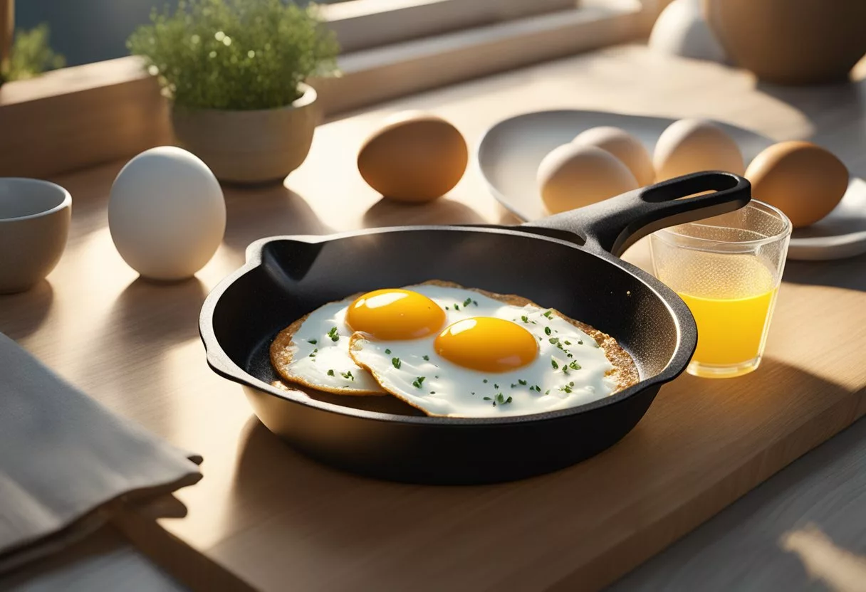 Eggs cracked open, sizzling in a pan. A plate of sunny-side-up eggs next to a bowl of scrambled eggs. A person's silhouette with a radiant glow