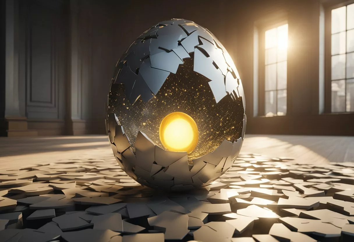 A cracked egg surrounded by a halo of question marks, with rays of light shining down on it