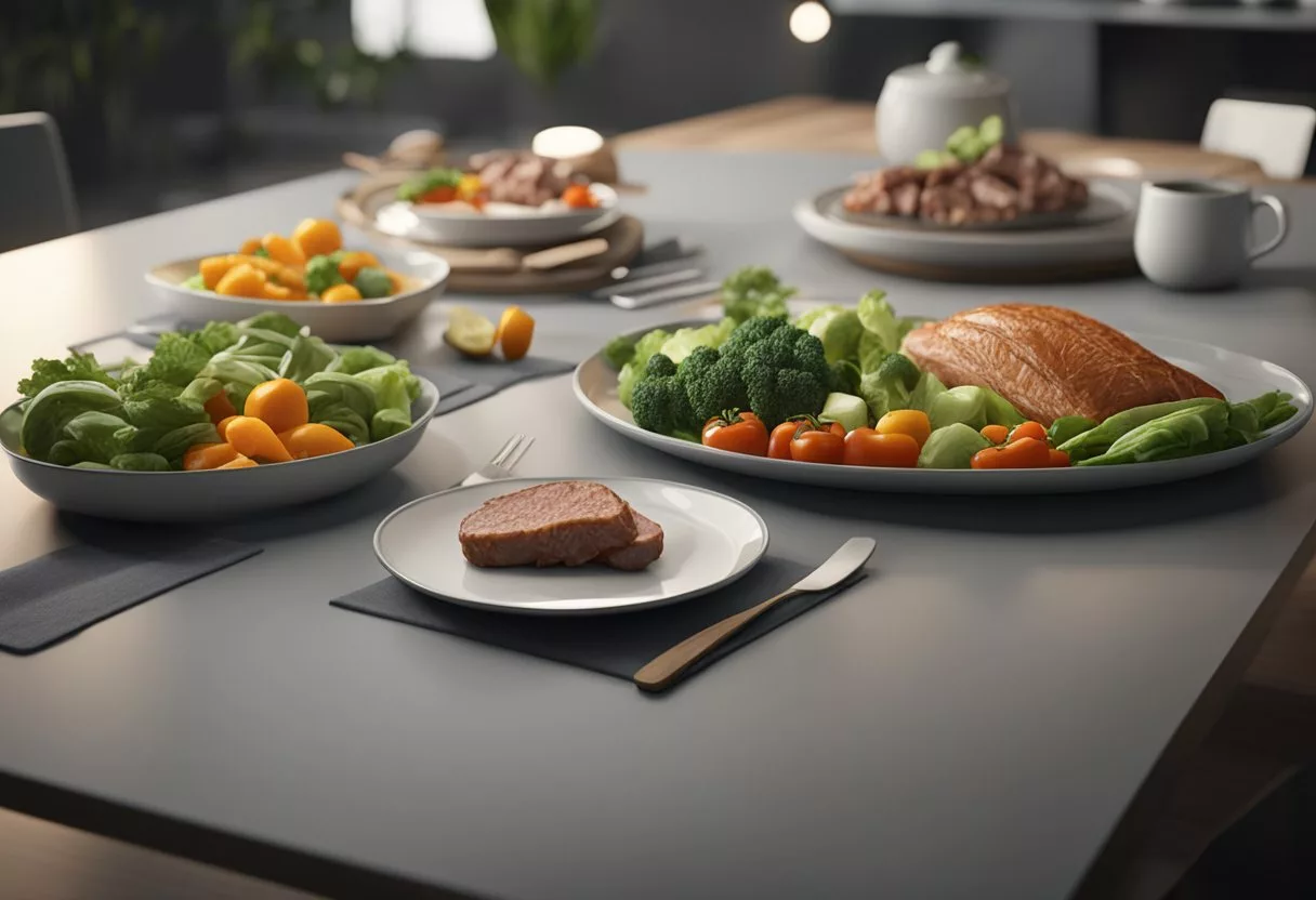 A table with two plates: one with meat, the other with vegetables. The meat plate is empty, while the vegetable plate is full, showing the contrast in dietary choices