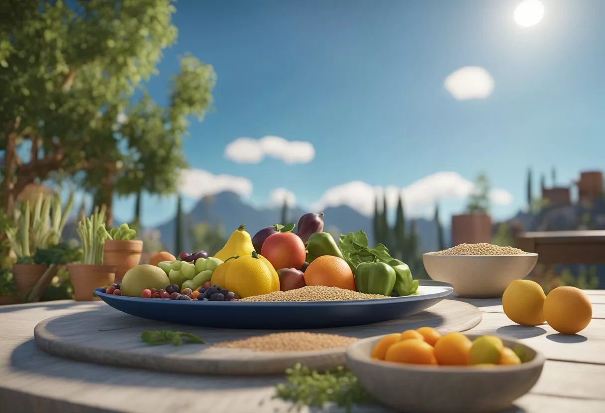 The scene depicts a plate of various fruits, vegetables, and grains, with a crossed-out meat symbol in the background. The plate is surrounded by vibrant, healthy plants and a clear blue sky