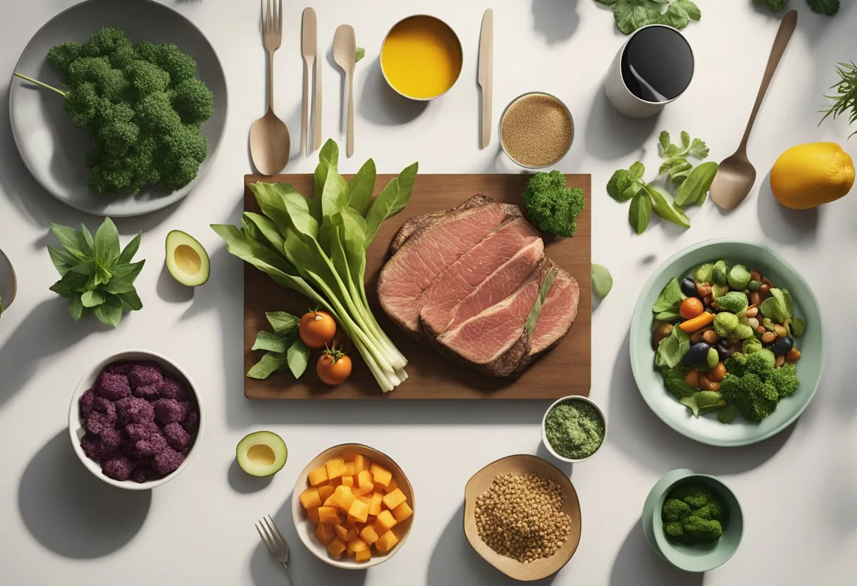A table with various plant-based foods and a crossed-out steak. A person's silhouette fades away as they transition to a healthier lifestyle