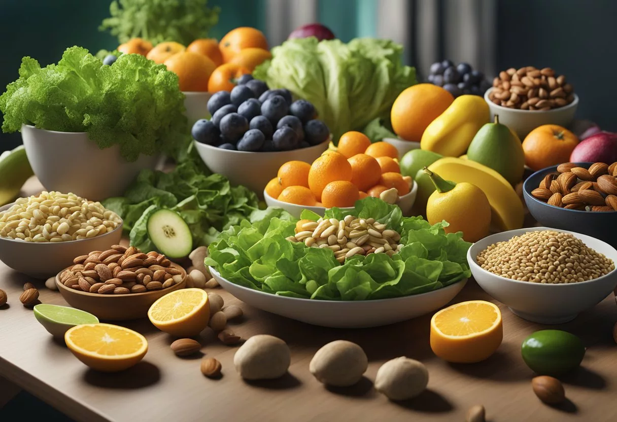 A variety of colorful fruits, vegetables, nuts, and grains arranged on a table. A vibrant, green salad with assorted toppings in a bowl. A glowing, healthy body surrounded by energy and vitality
