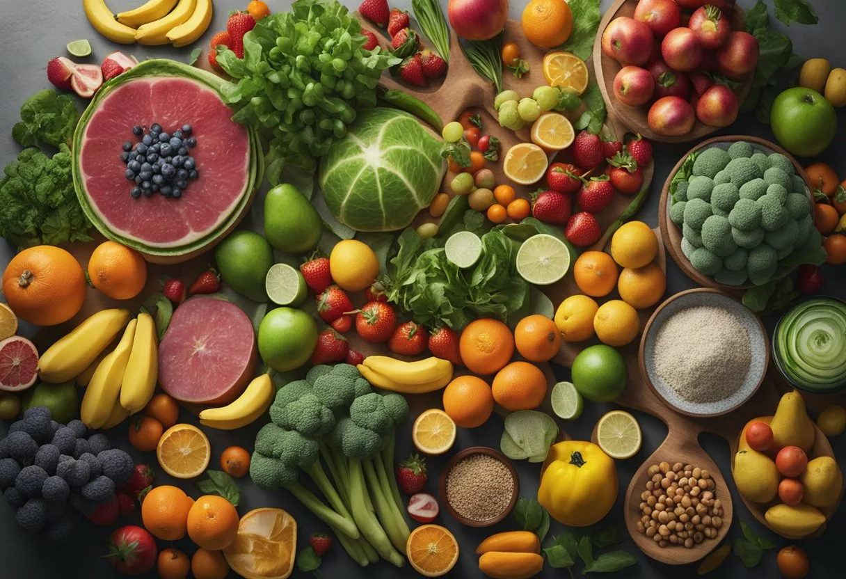 A colorful array of plant-based foods and meat substitutes, surrounded by vibrant fruits and vegetables. The scene depicts a healthy and balanced diet without meat