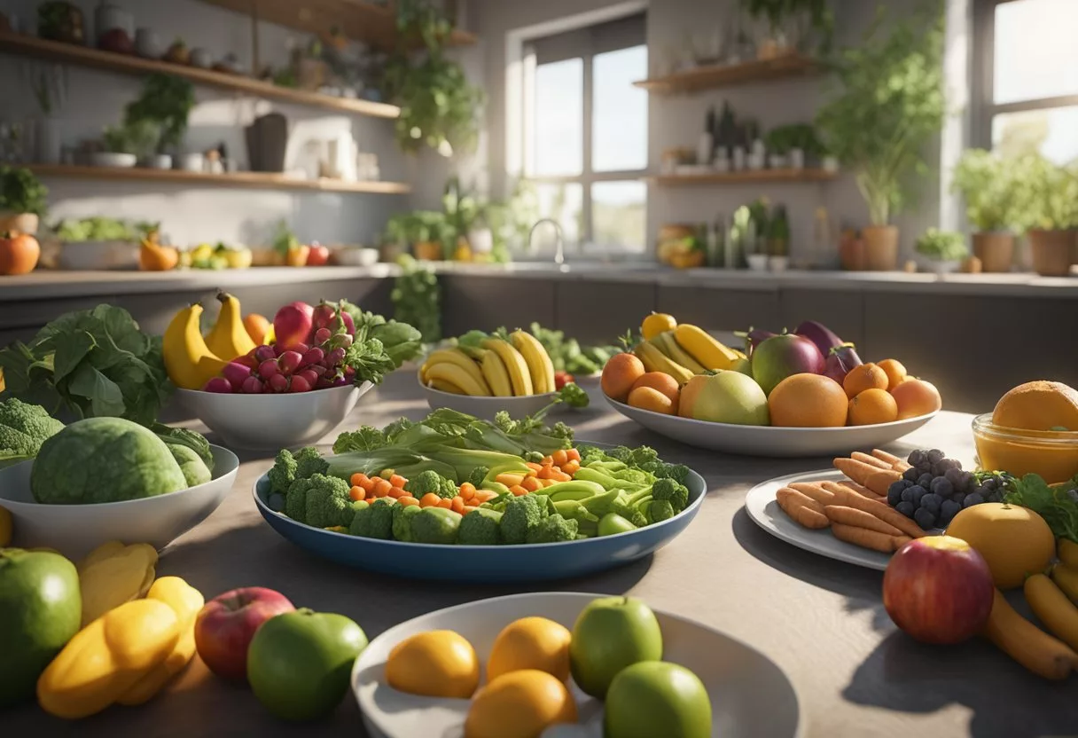 The scene depicts a plate with various plant-based foods, surrounded by vibrant fruits and vegetables. A person's energy levels are shown to increase as they transition away from consuming meat
