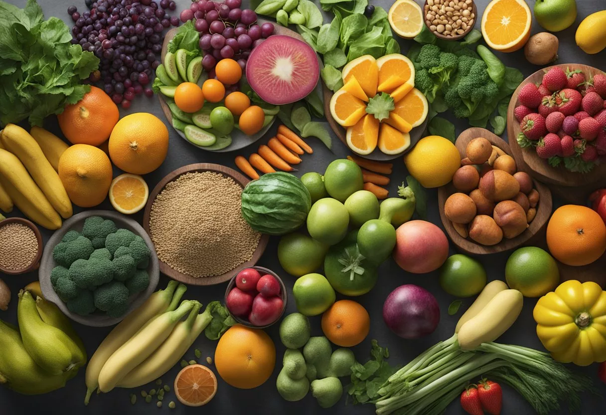 A variety of colorful fruits, vegetables, grains, and legumes are arranged on a table. A clear, vibrant image of a diverse plant-based diet is depicted, highlighting the nutritional benefits and potential impact on the body when meat is eliminated