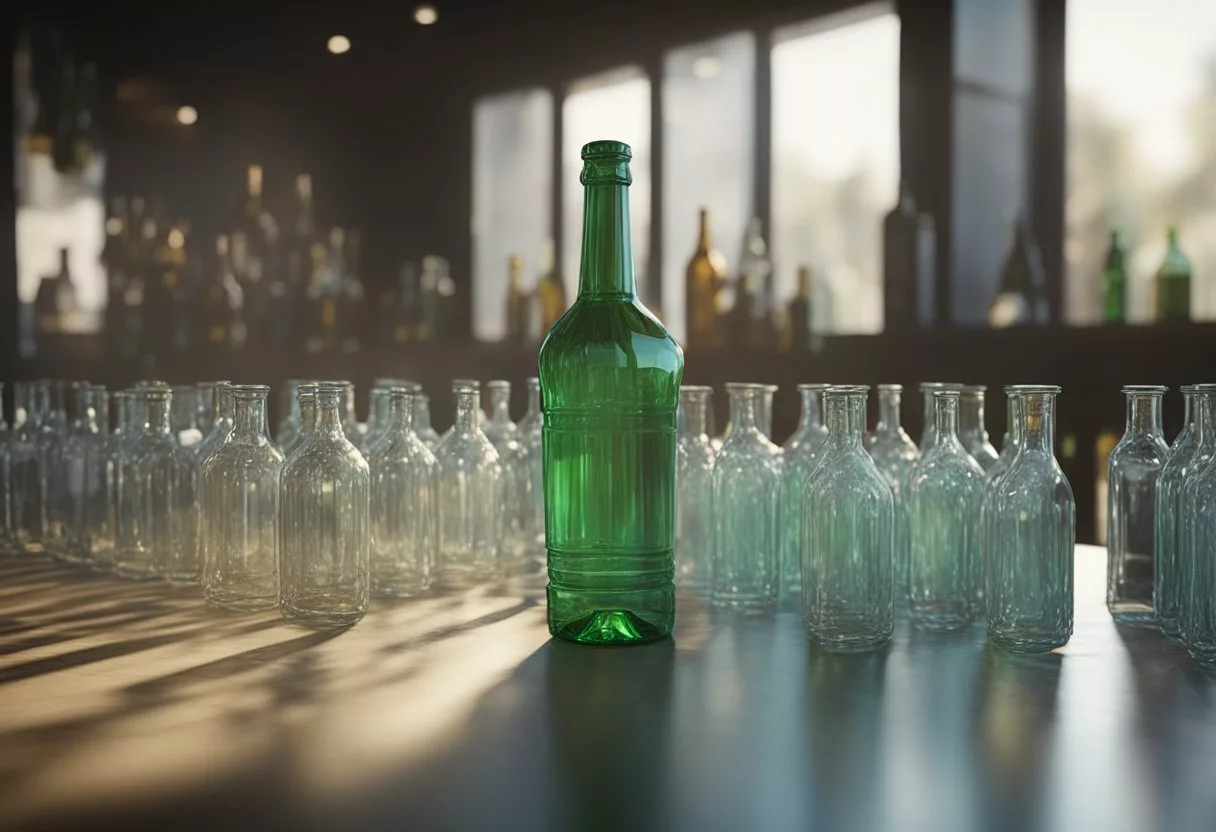 The scene depicts a glass being set down, surrounded by empty bottles. A person walks away, leaving the alcohol behind