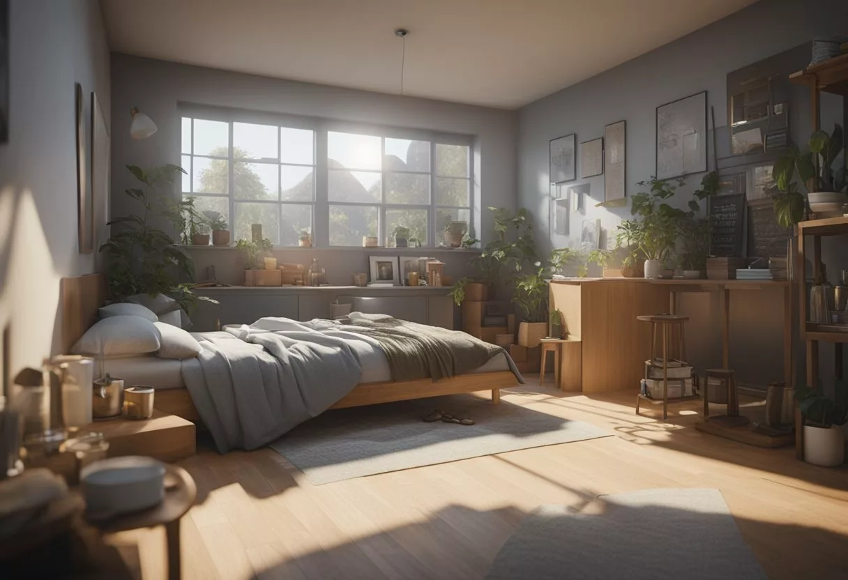 The scene shows a person's environment transitioning from a cluttered and chaotic space to a calm and organized one, symbolizing the positive effects on sleep and energy when they stop drinking