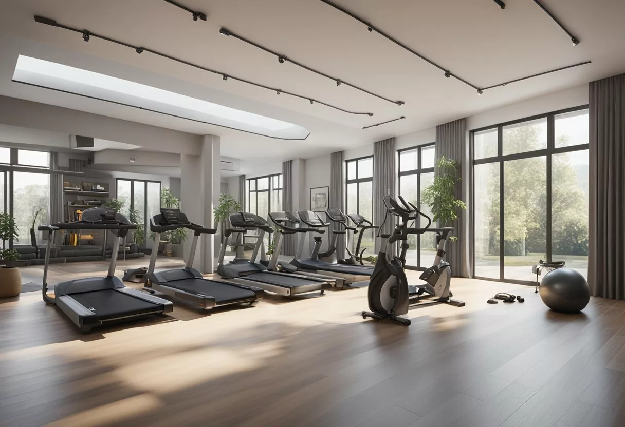 A spacious, well-lit room with various exercise equipment neatly organized for easy access and use