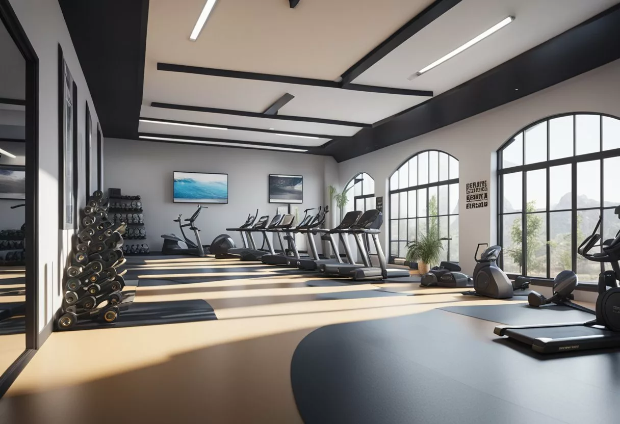 A bright, spacious room with rubber flooring, a variety of workout equipment neatly organized, and motivational posters on the walls
