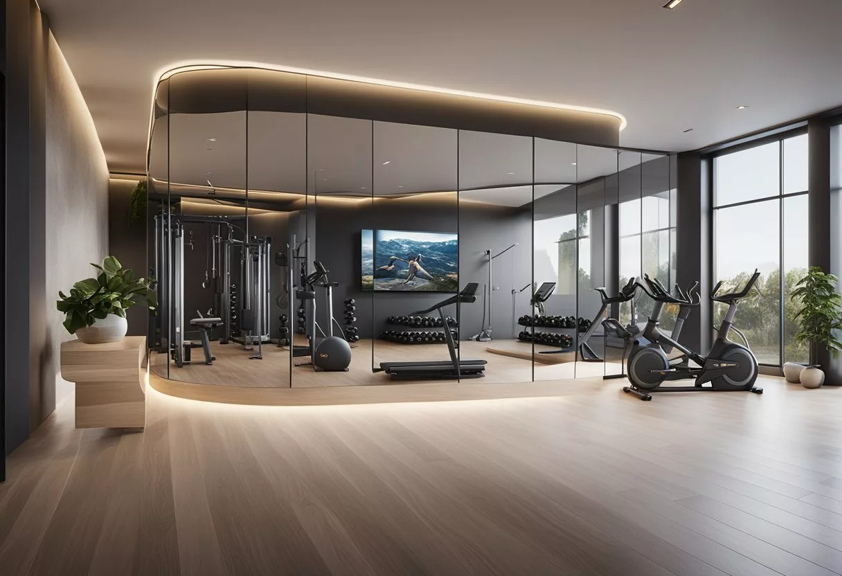 A sleek, modern home gym with integrated technology like smart mirrors, interactive screens, and connected fitness equipment