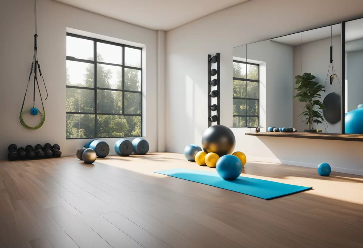 A home gym with dumbbells, resistance bands, yoga mat, kettlebell, and exercise ball. Wall-mounted mirror and water bottle nearby