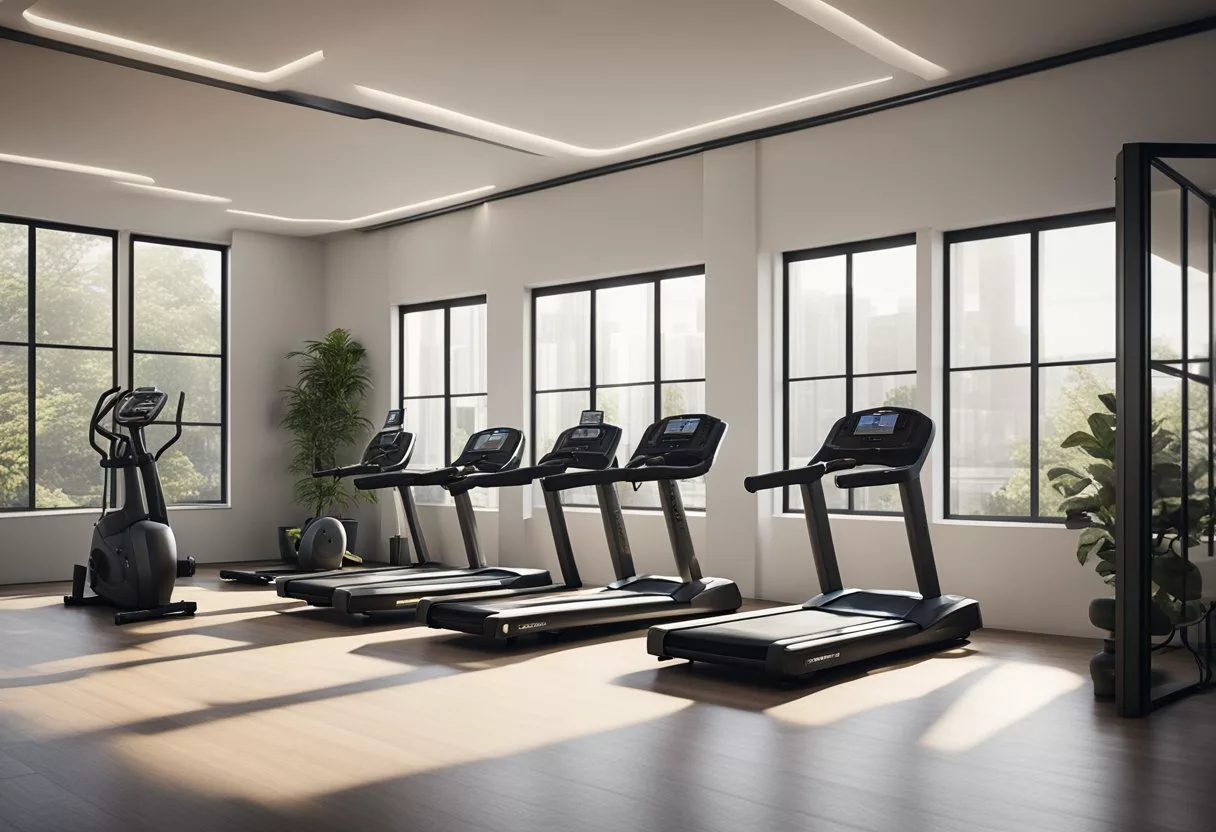 A spacious, well-lit room with various exercise equipment arranged strategically for specific training goals. The gym includes a weight rack, cardio machines, and a designated area for stretching and yoga