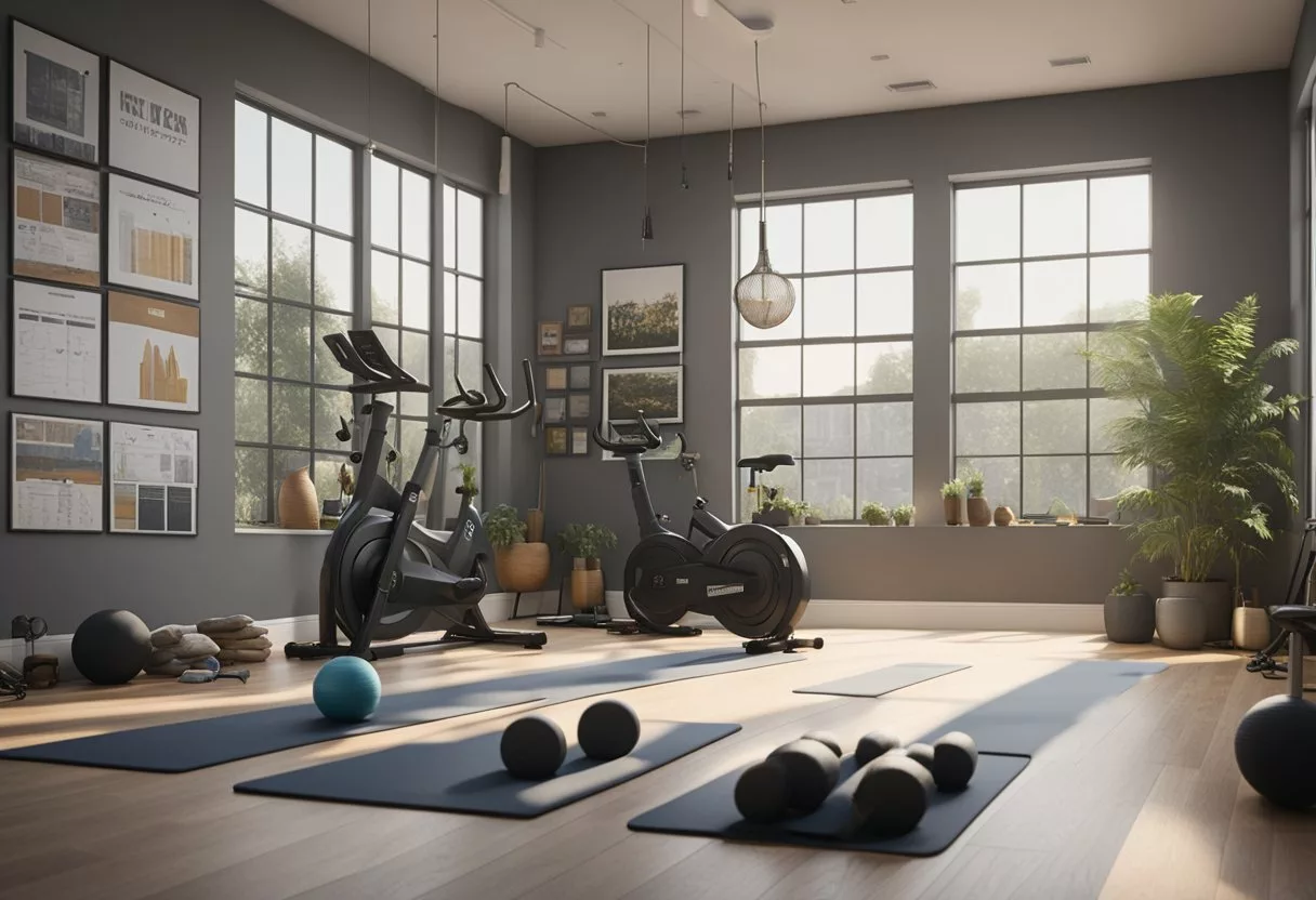 A spacious room with a variety of workout equipment neatly arranged, including weights, resistance bands, a yoga mat, and a stationary bike. Walls feature motivational posters and a large mirror