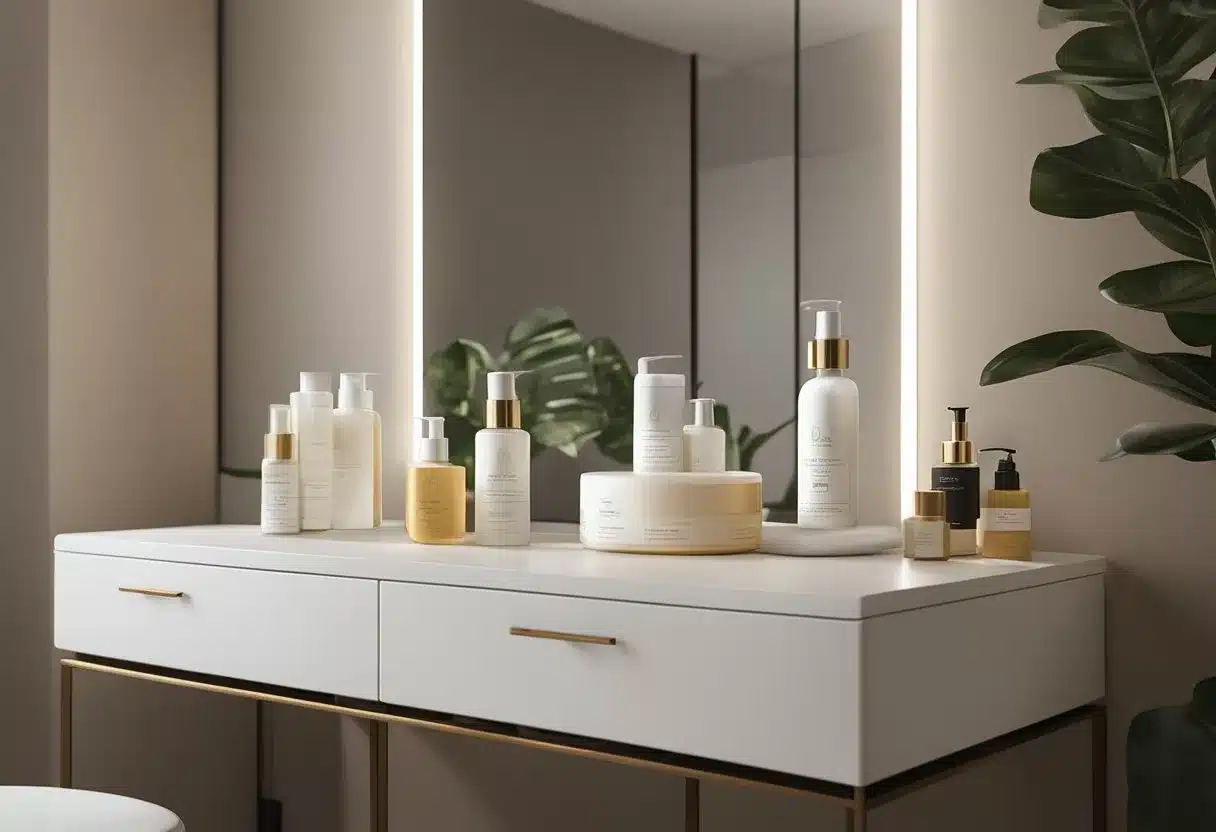 A bathroom counter with skincare products neatly organized and a towel draped over a chair