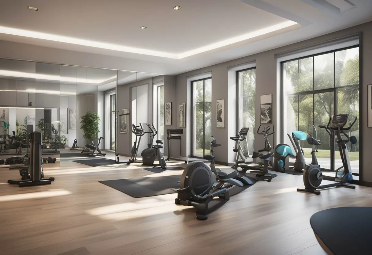 A spacious, well-lit room with sleek, modern exercise equipment arranged in an organized and functional manner. Mirrors line the walls, and motivational posters add a pop of color