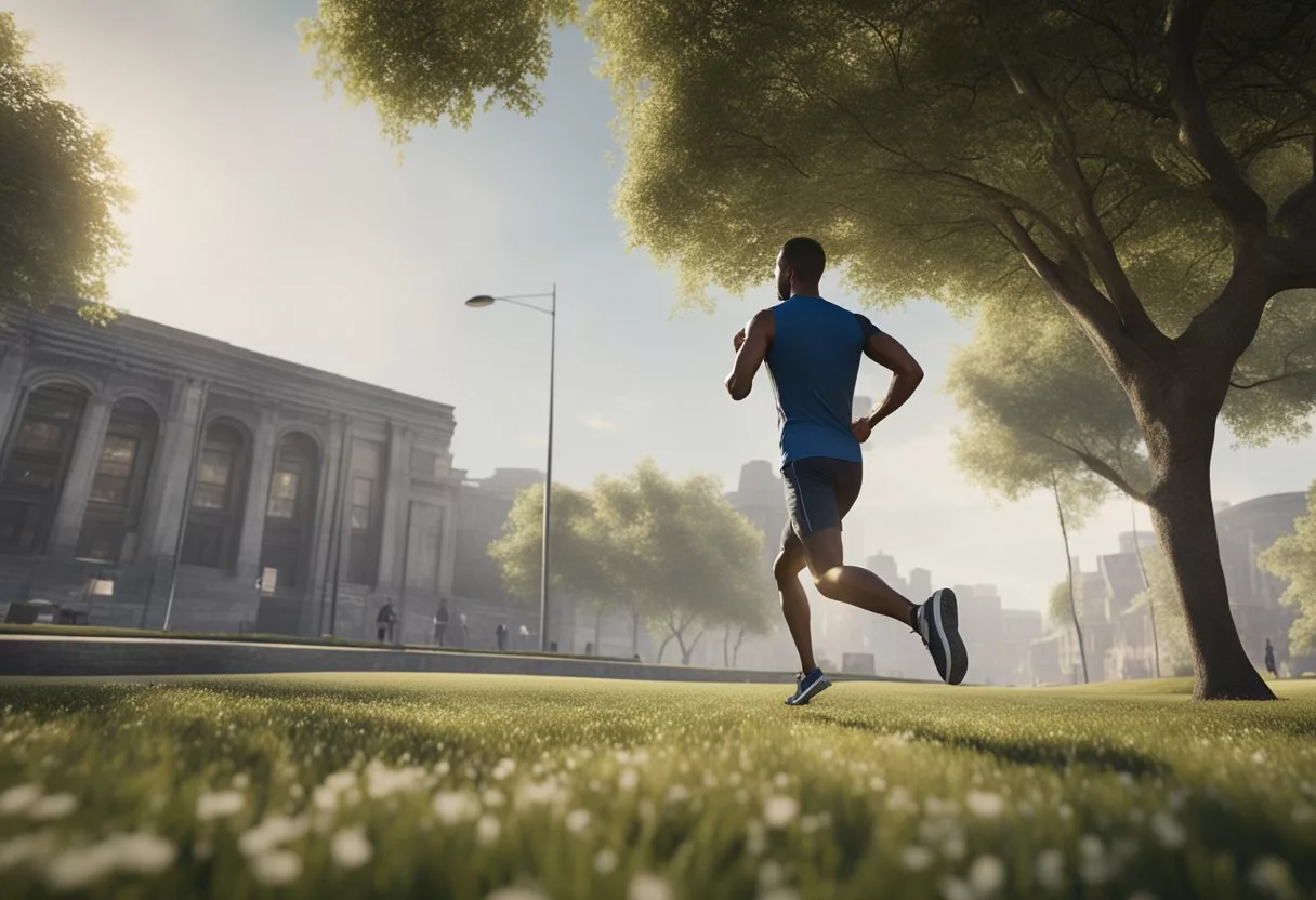 A person jogging on an empty stomach, with a clear focus on the body's energy levels and potential effects on muscle performance