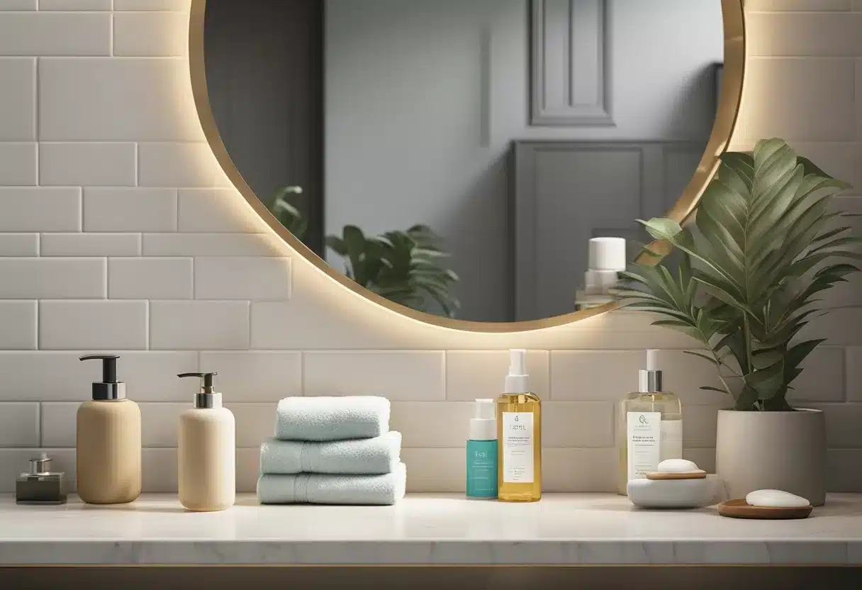 A bathroom counter with neatly arranged skincare products, a towel, and a mirror
